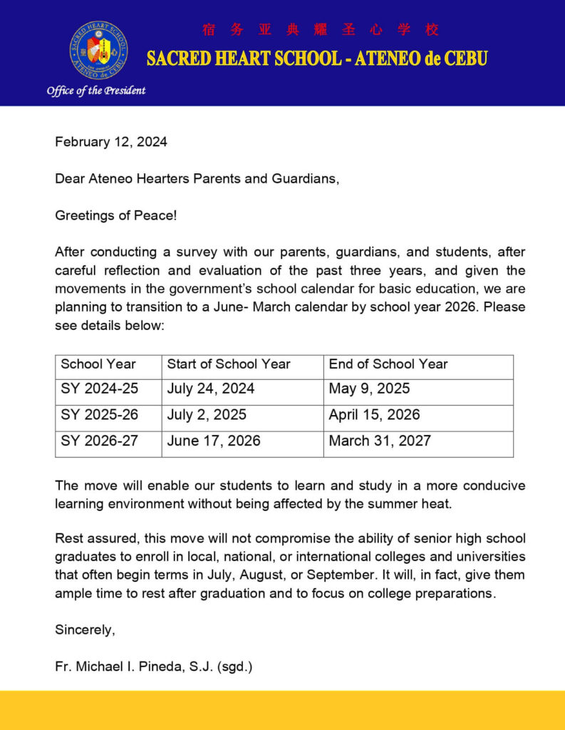 Change of School Year (Memo 2024-002 from the Office of the President)